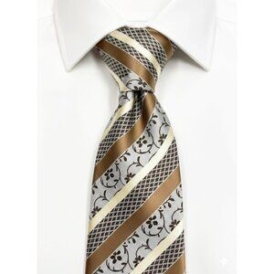 Hi-Tie Gold Silk Men’s Tie Geometric Floral Striped Woven Jacquard